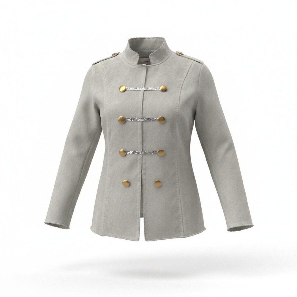 Gigi Moda Jacket Women OS Grey Military Band Crystal Embellished Raw Hem Cotton